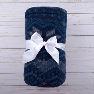 Fleece Throw Blanket Sherpa Lined Navy Blue Fair Isle 50x60 Reversible